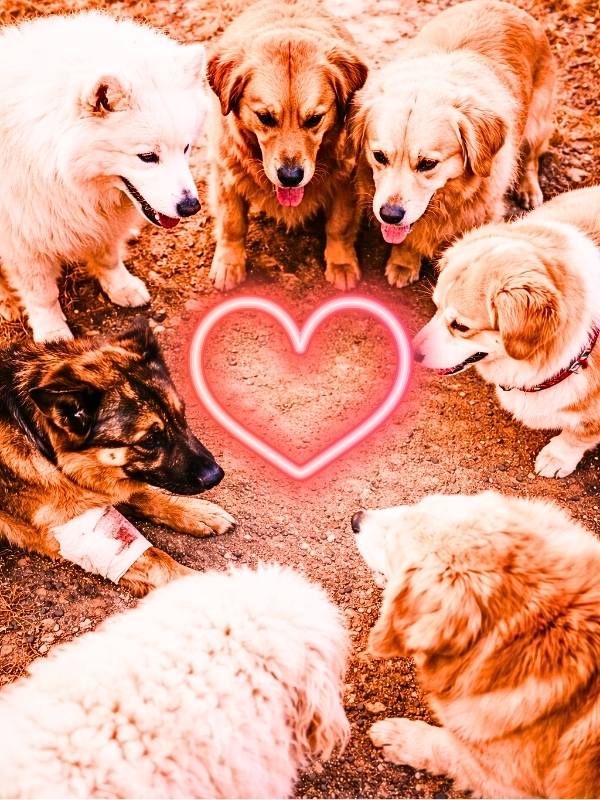 円陣を組む7匹の犬たち｜コーギーやシェパードが中心で絆を感じる様子