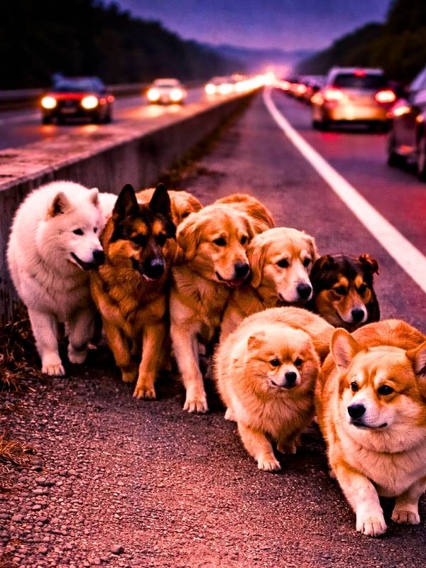 夜の高速道路を不安そうな表情で1列に並んで歩く7匹の犬たち