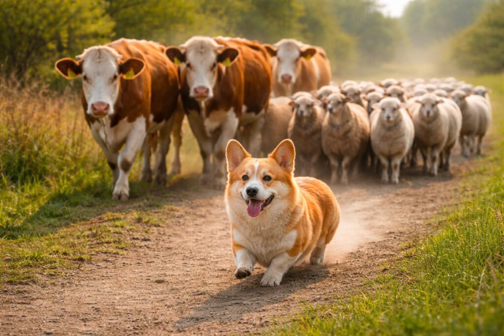 牛と羊の群れを誘導するコーギー犬の牧畜シーン
