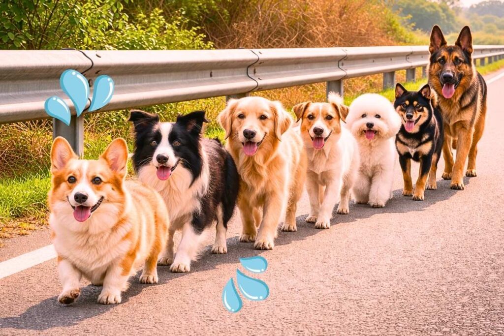 コーギーを先頭に並んで歩く7匹の犬たちの様子