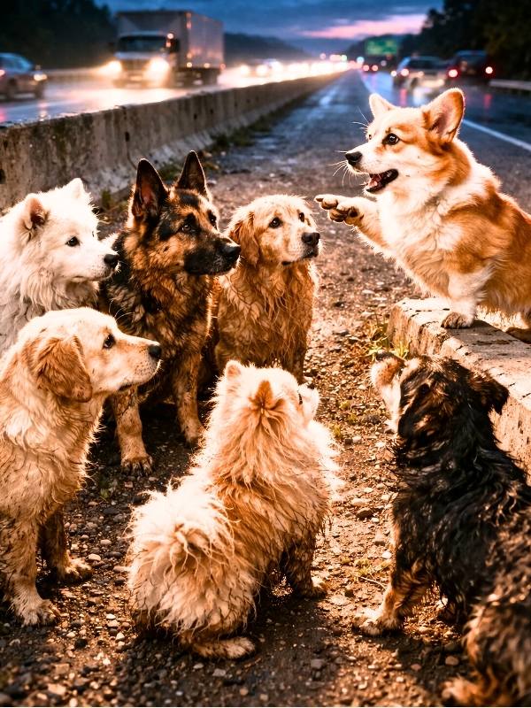 コーギーが前に立ち6匹の犬に指示を出しているように見える様子