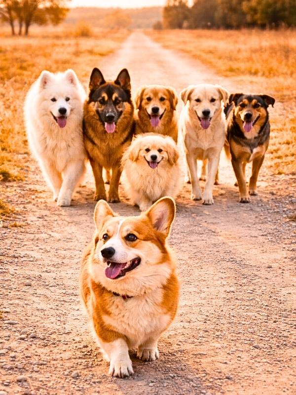 コーギーを先頭に7匹の犬が1列に並んで歩く様子