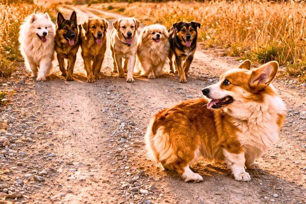 コーギーが後ろを振り返りながら6匹の犬を先導して歩く様子