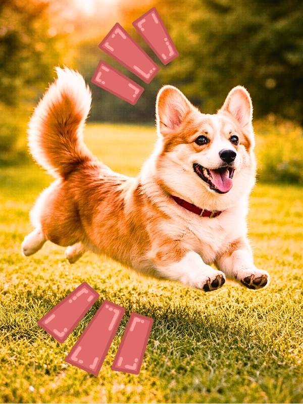 芝生の上を元気いっぱいに走るコーギー犬