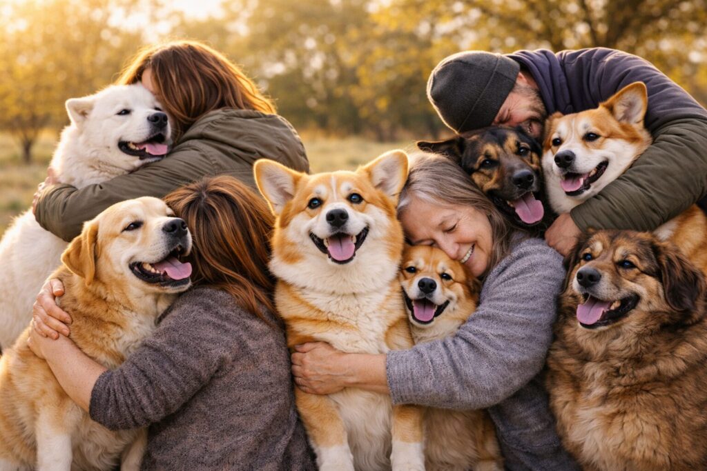 7匹の犬がそれぞれの飼い主と再会し抱き合う感動的な様子