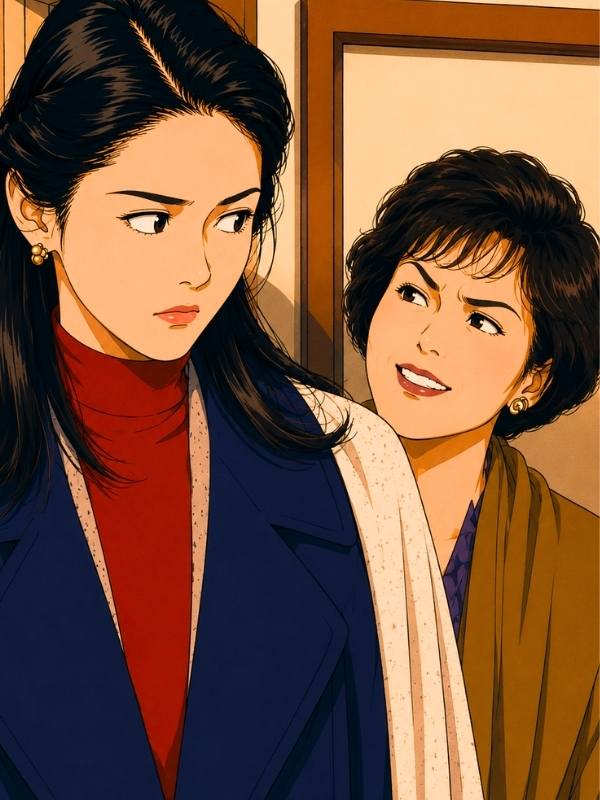 朝ドラ「ひまわり」のぞみ（松嶋菜々子）と詐欺師・犬飼サチ（沢田亜矢子）の対決シーン（AIイラスト）