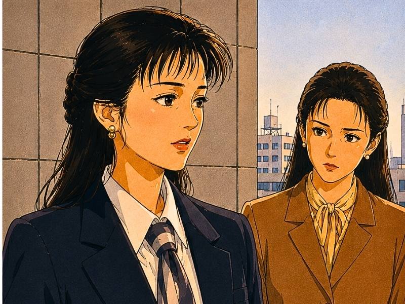 朝ドラ「ひまわり」のぞみ（松嶋菜々子）と春日ひとみ課長（浅野ゆう子）の対決シーン（90年代アニメ風AIイラスト）