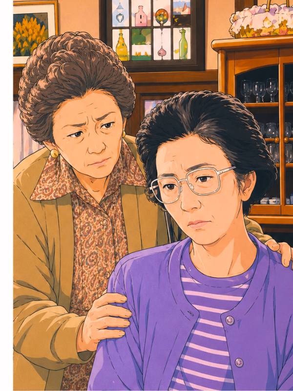 達也が家出した夜、うららに、辛い胸の内を打ち明けた、薫乃の様子(ＡＩイラスト)
