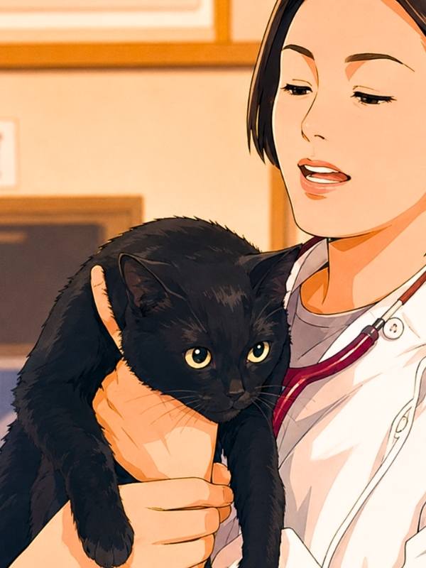 朝ドラひまわり・あづさ先生と黒猫ちゃんのイラスト（AI生成）