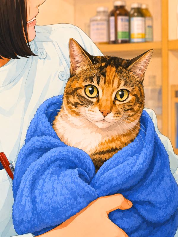 朝ドラひまわり・あづさ先生と三毛猫ちゃんのイラスト（AI生成）