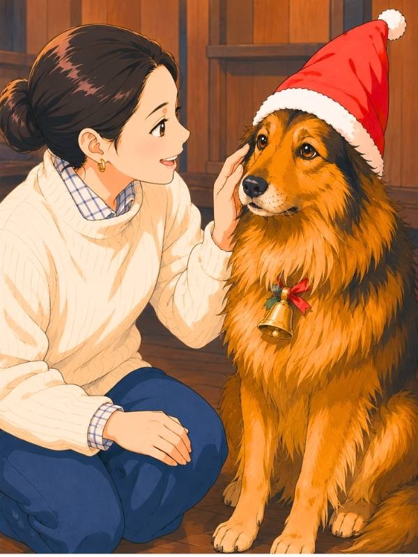 朝ドラひまわり・のぞみとサンタ帽のリキのイラスト（AI生成）