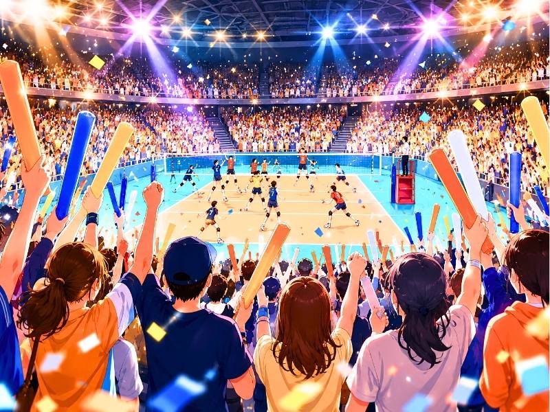 バレーボール会場で棒状のバルーンを持って応援する観客たち