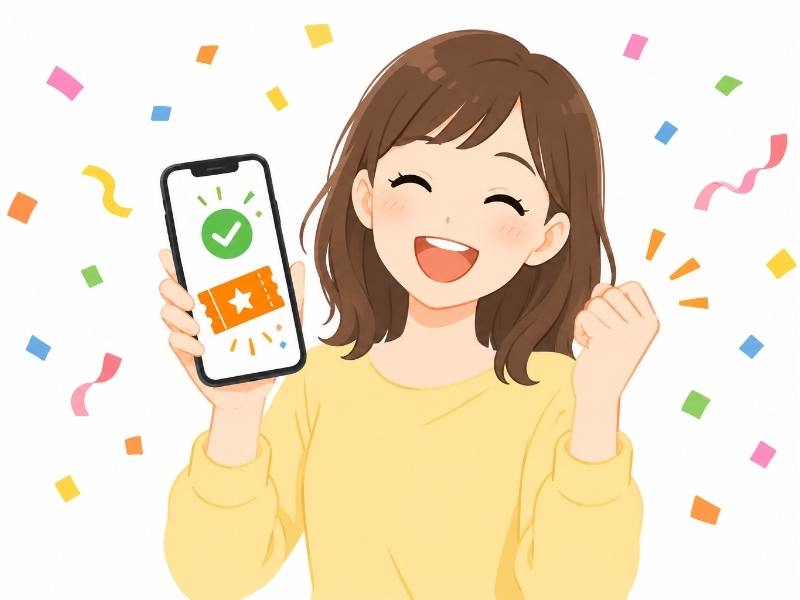 スマホでバレーボールチケットを購入できて喜ぶ女性