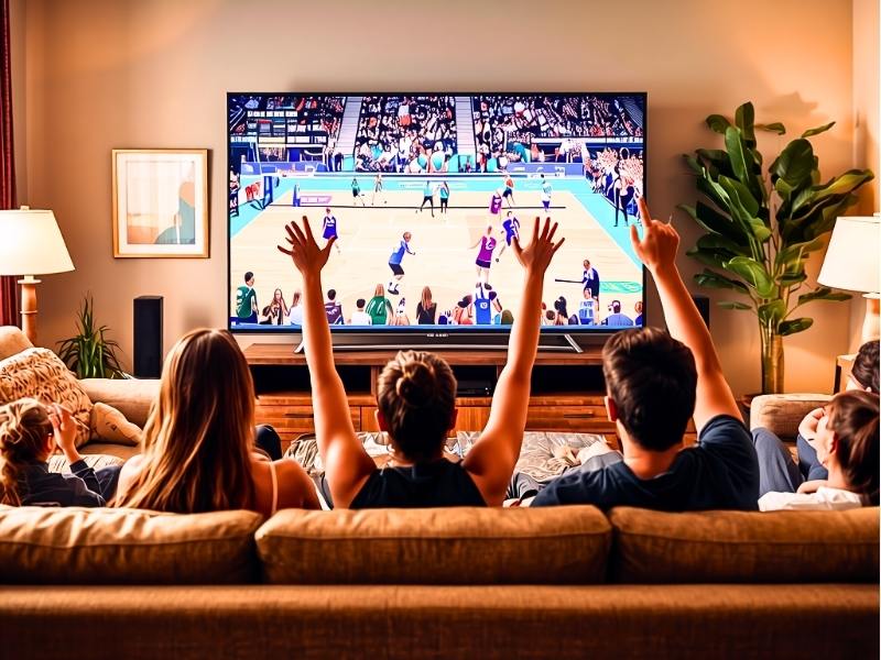 家族でテレビ観戦するバレーボール