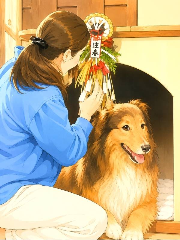 朝ドラ『ひまわり』第40話・リキの犬小屋にしめ飾りをつけてあげるイメージイラスト