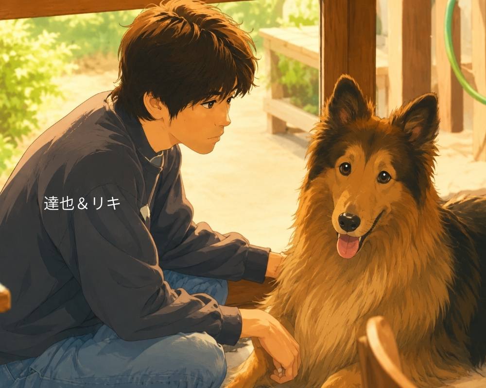 朝ドラ『ひまわり』第40話・達也とリキが寄り添う2ショットのイメージイラスト